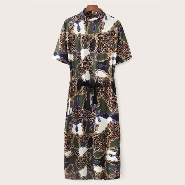 

Leopard Patchwork Print Stand Collar Fitted Dress