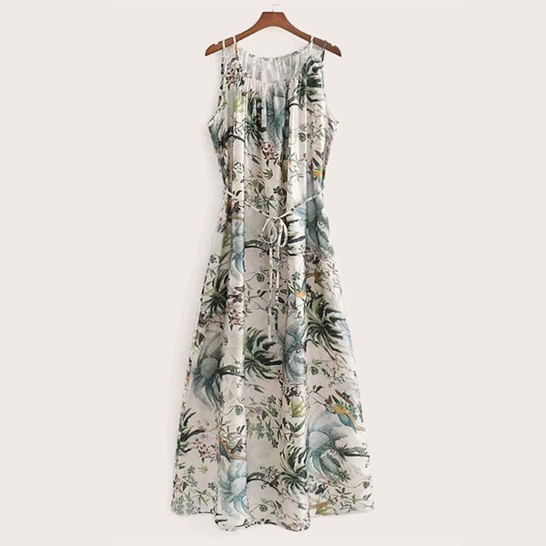 

Plants Print Self Tie Cami Dress, Multicolor