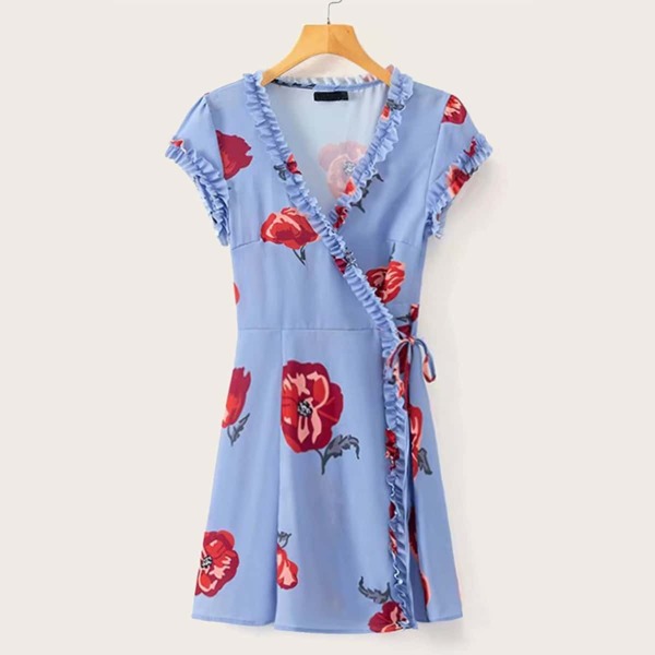 

Large Floral Print Frill Trim Tie Side Dress