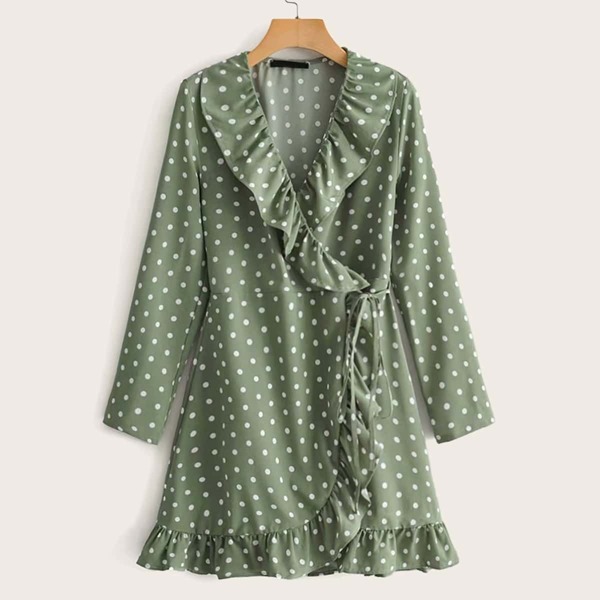 

Polka Dot Ruffle Trim Tie Side Flare Dress