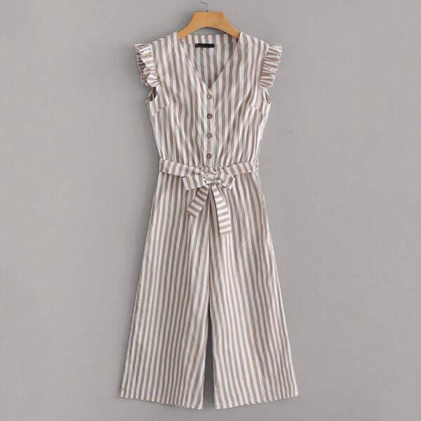 

Frill Trim Tie Front Wide Leg Striped Jumpsuit, Brown