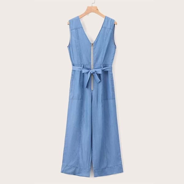 

Half Zipper Self Tie Wide Leg Tank Denim Overalls