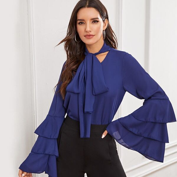 

Solid Tie Neck Layered Sleeve Keyhole Back Top, Blue