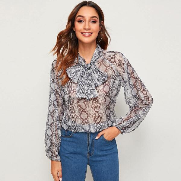 

Snakeskin Tie Neck Bishop Sleeve Top