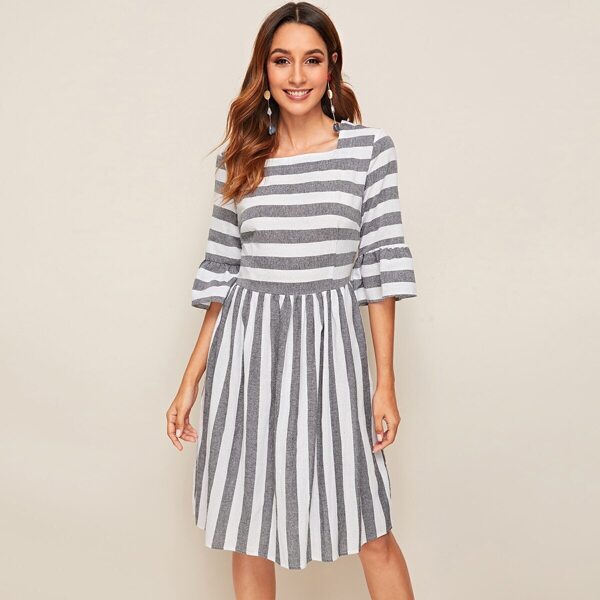 

Striped Print Flounce Sleeve Dress