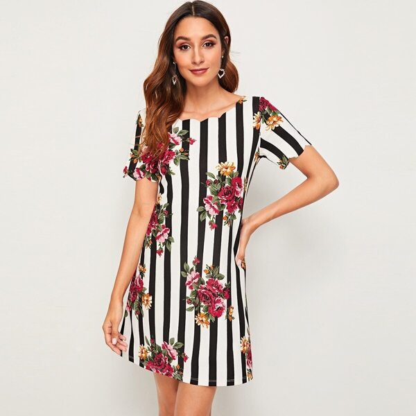 

Floral & Striped Scallop Trim Tunic Dress