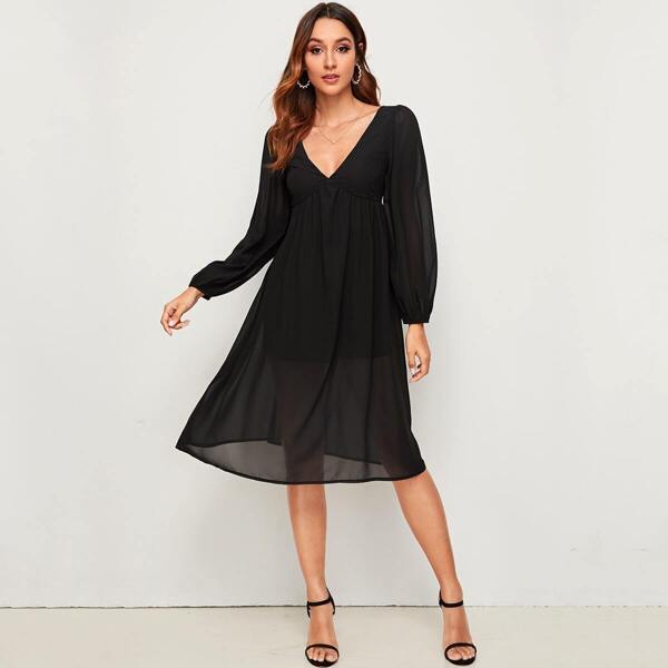 

Solid Plunge Neck Zip Back Dress