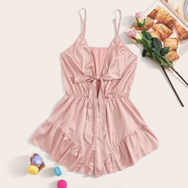 

Knot Front Ruffle Satin Romper Bodysuit, Pink