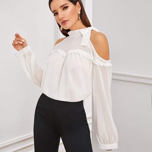 

Solid Cold Shoulder Frill Trim Tie Neck Top