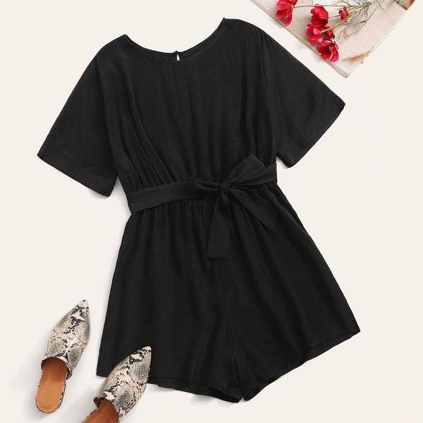 

Solid Keyhole Back Self Tie Romper