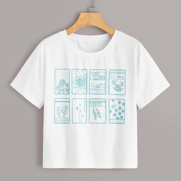 

Floral & Letter Print Tee, White