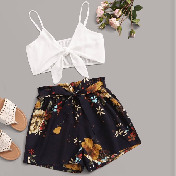 

Tie Front Crop Cami Top With Floral Print Belted Shorts