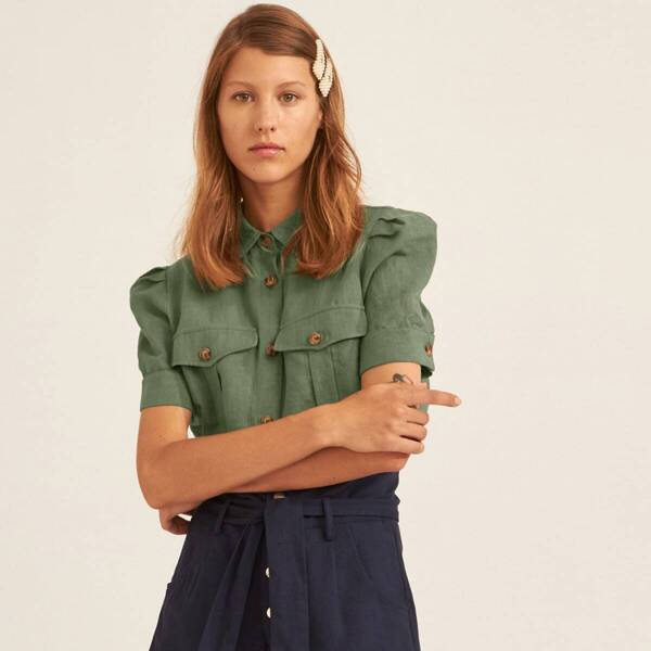 

Premium Puff Sleeve Flap Pocket Patched Shirt, Army green