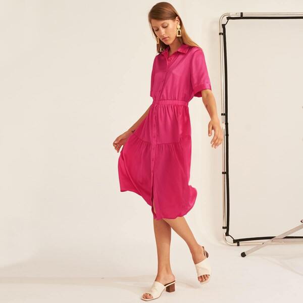 

Premium Single Breasted Collared Shirt Satin Dress, Pink bright