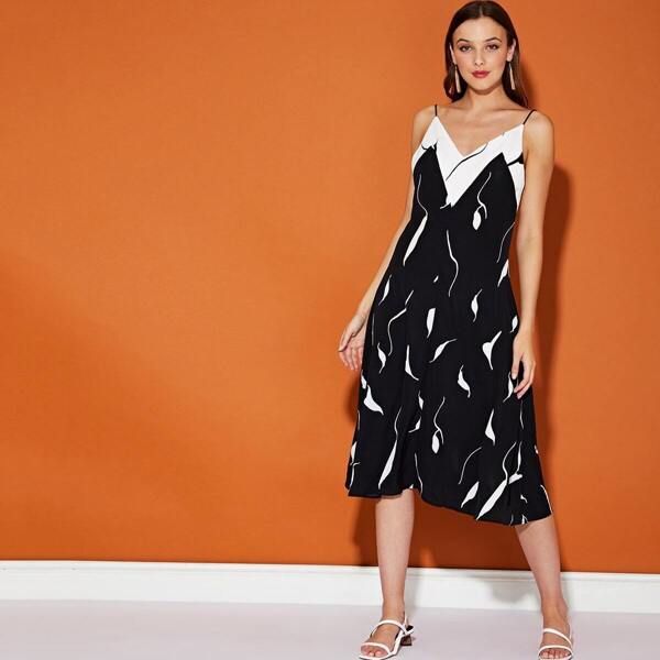 

Contrast V Neck Slip Dress, Black