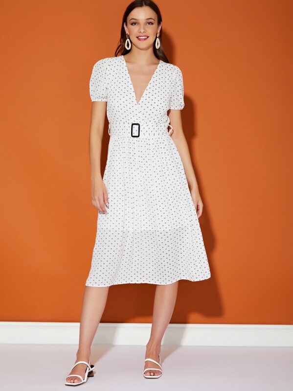 

Plunge Neck Printed Belted Dress, White, Gracea