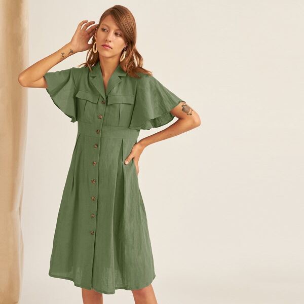 

Premium Flutter Sleeve Flap Pocket Detail Shirt Dress, Green