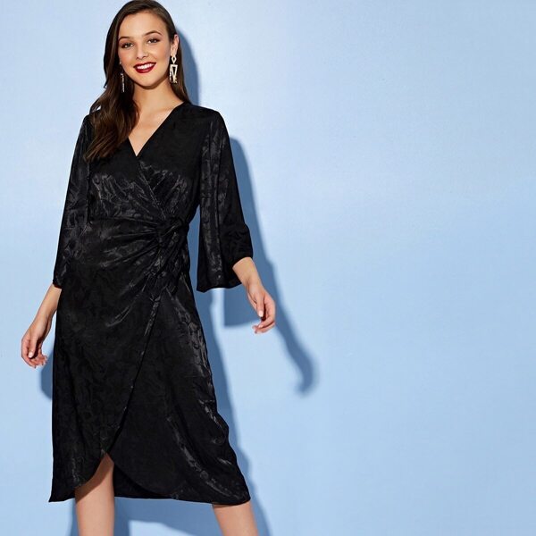 

Satin Tie Side Wrap Dress, Black