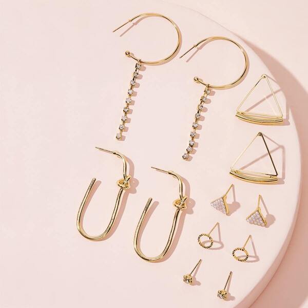 

Circle Rhinestone Fringe & Open Triangle Earrings 6pairs