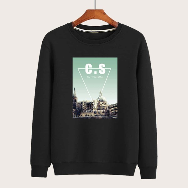 

Men Crew Neck Letter & Building Print