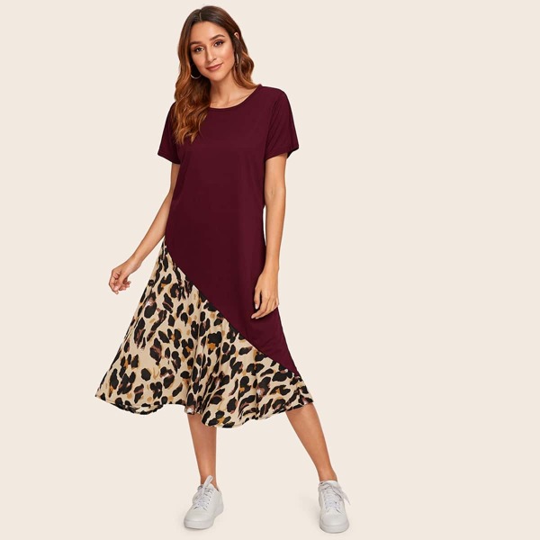 

Contrast Leopard Print Tee Dress, Burgundy
