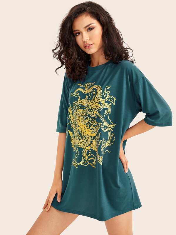 

Drop Shoulder Dragon Print Tee Dress, Green, Gessila
