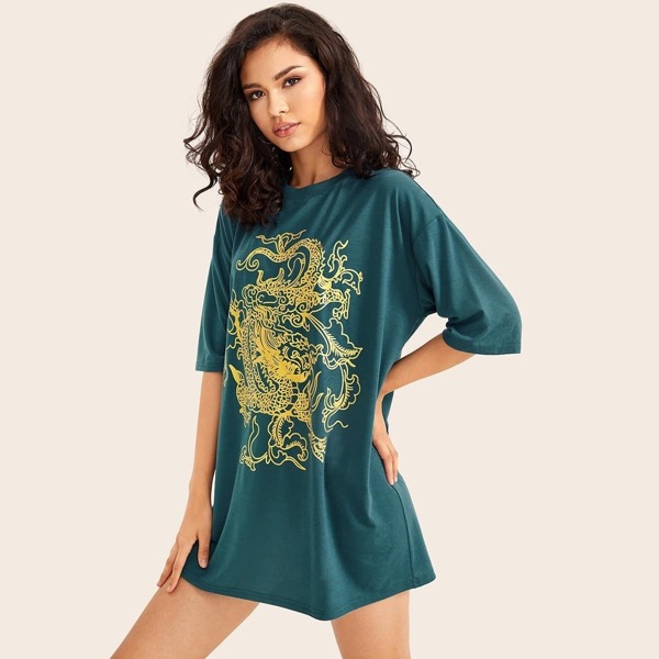 

Drop Shoulder Dragon Print Tee Dress, Green