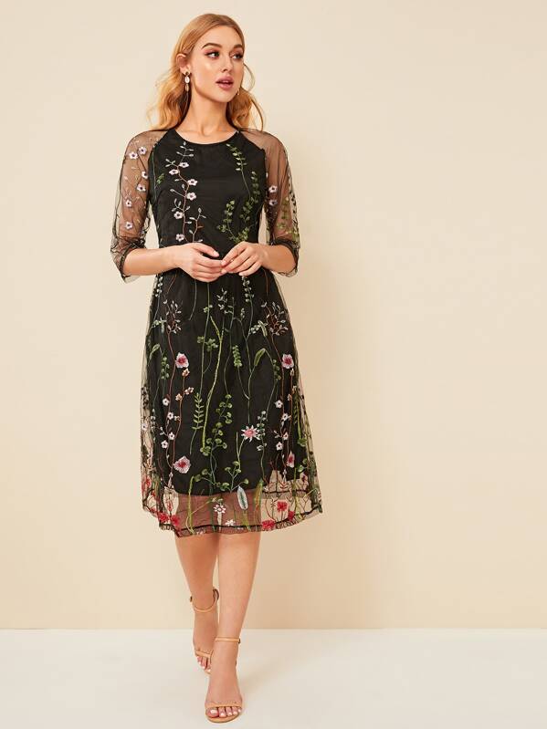 

Embroidery Mesh High Waist Midi Dress, Black, Mary B