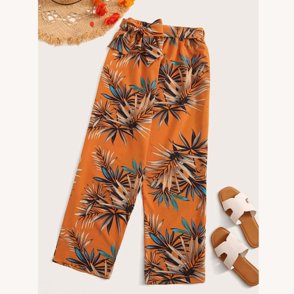 

Tropical Print Wide Leg Belted Pants, Multicolor