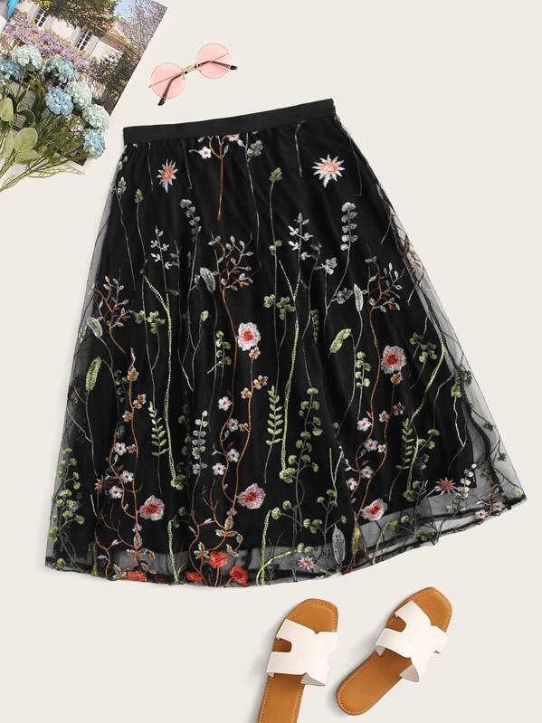 

Embroidery Mesh A-line Midi Skirt, Black