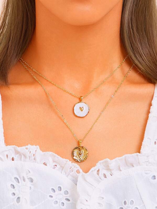 

Engraved Disc Charm Chain Necklace 2pcs, Gold
