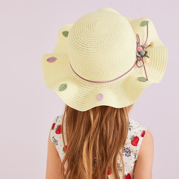 

Toddler Girls Pom Pom & Bow Knot Decor Straw Hat