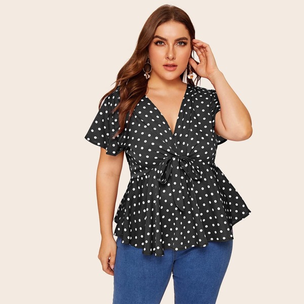 

Plus Polka Dot Print Tie Front Ruffle Hem Blouse, Black