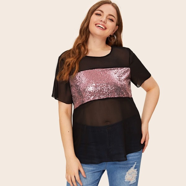 

Plus Contrast Sequins Sheer Color Block High Low Blouse