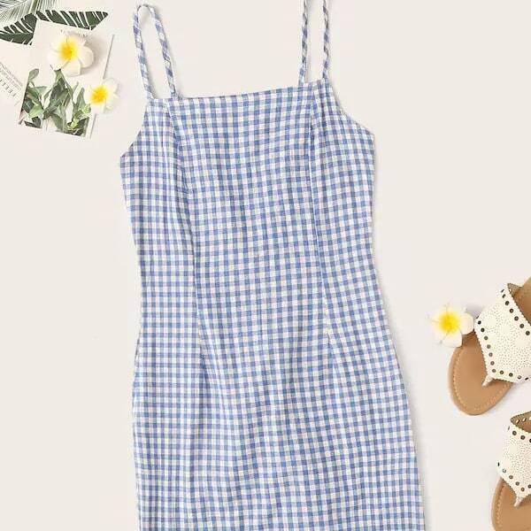

Plus Gingham Print Straight Cami Dress, Blue