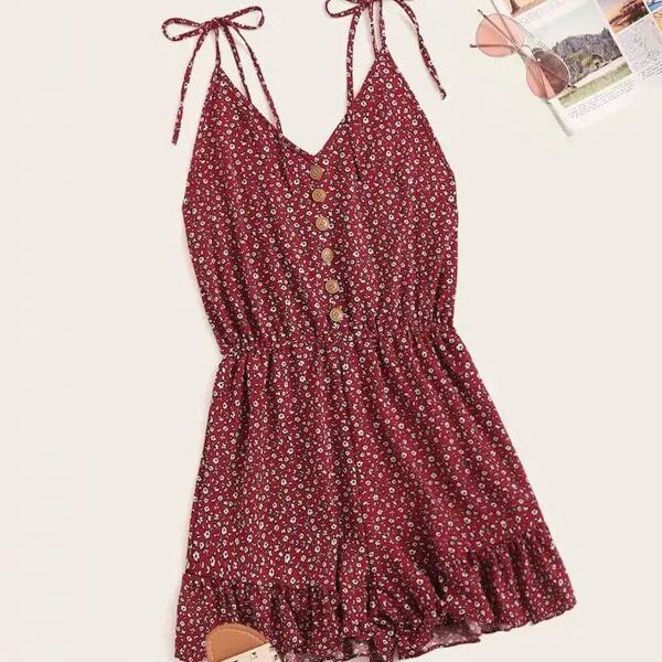 

Plus Ditsy Floral Print Button Front Ruffle Hem Cami Jumpsuit