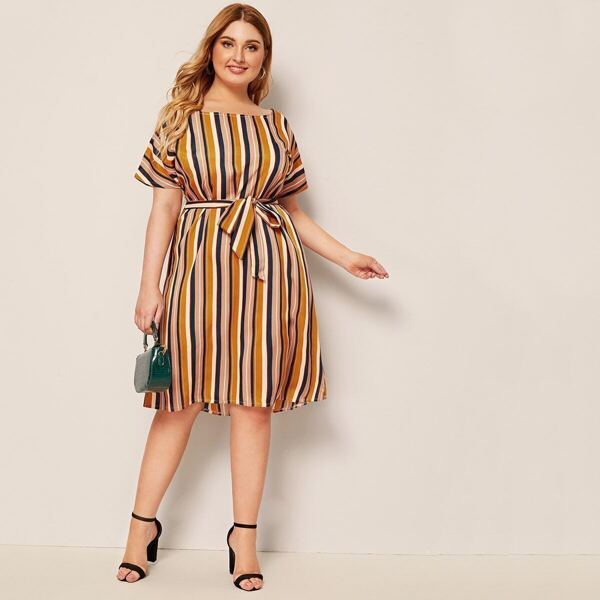 

Plus Striped Multicolor Belted Dress