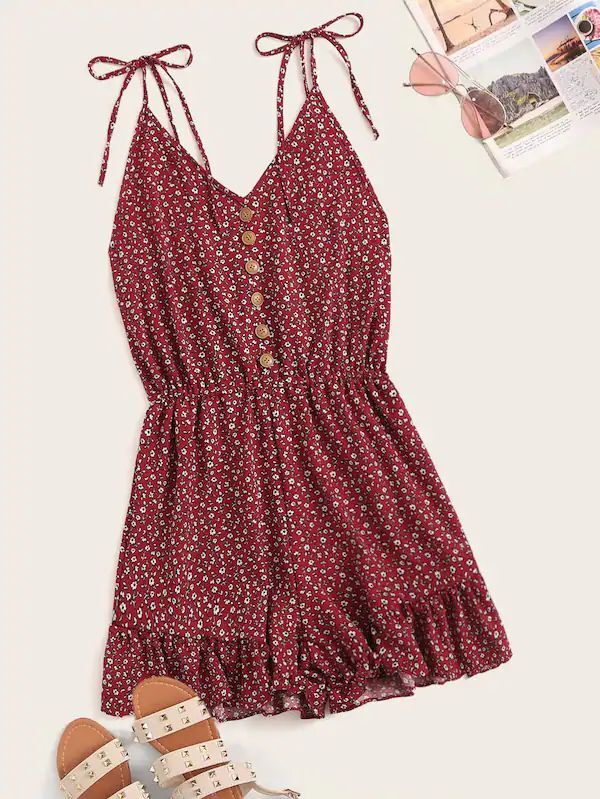 

Plus Ditsy Floral Print Button Front Ruffle Hem Cami Jumpsuit, Burgundy