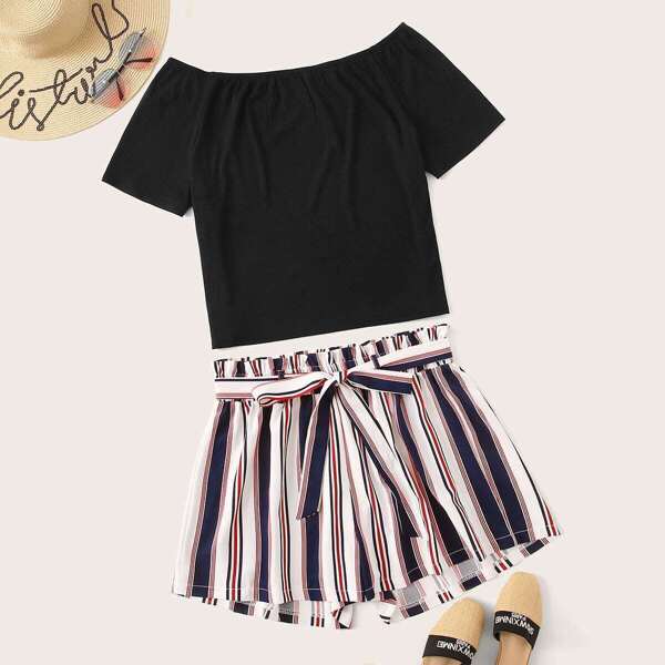 

Plus Solid Tee With Striped Belted Frill Wide Leg Shorts, Multicolor
