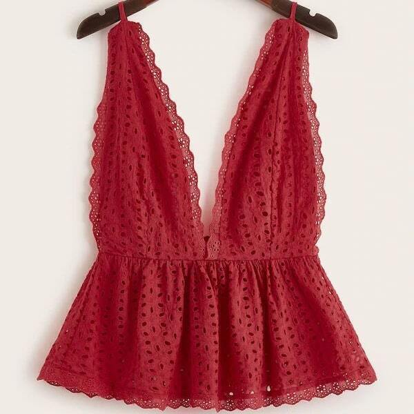 

Plus Eyelet Embroidery Ruffle Hem Scallop Backless Cami Top, Red