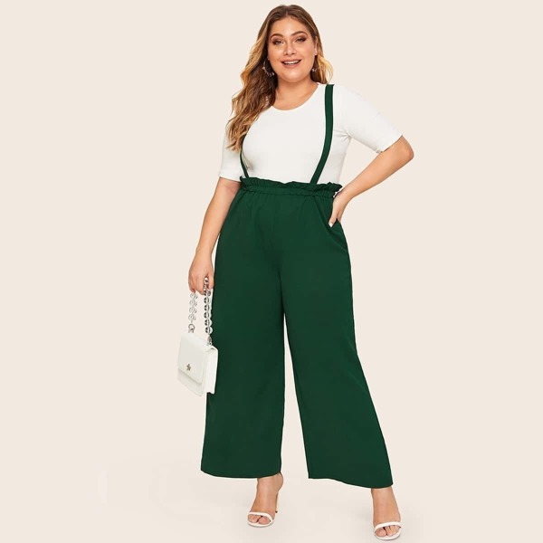 

Plus Solid Paperbag Waist Wide Leg Pants With Strap
