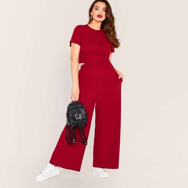 

Plus Solid Top & Wide Leg Pants Set, Red