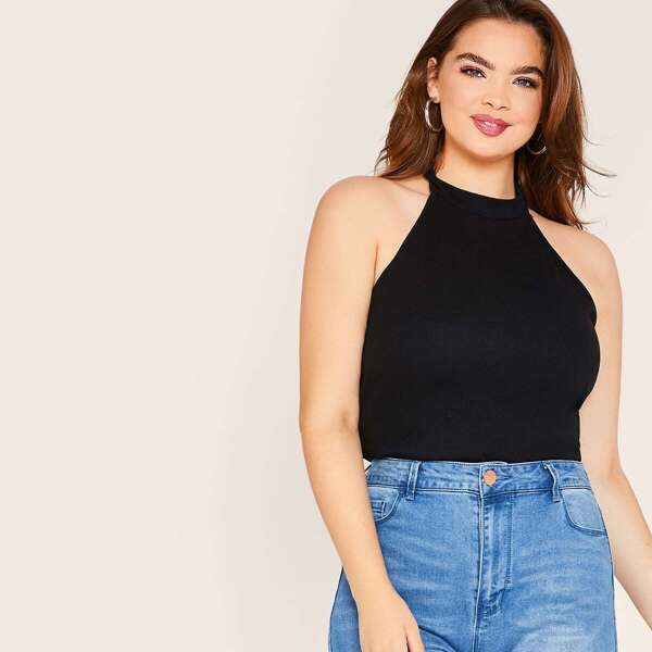 

Plus Solid Rib-knit Backless Halter Top, Black