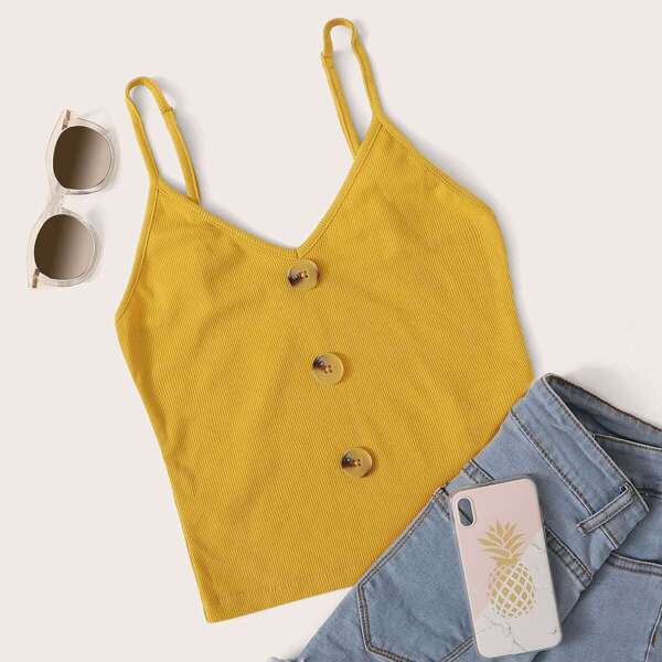 

Buttoned Rib-knit Cami Top, Yellow