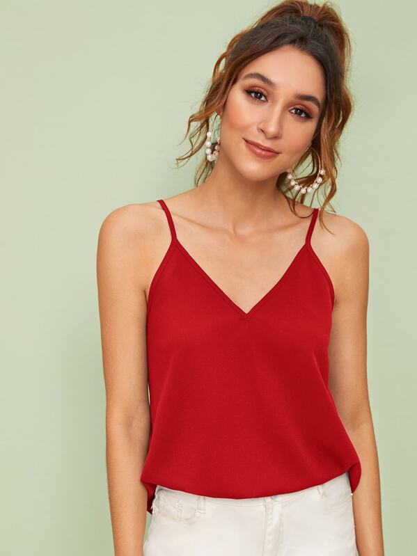

Solid Double V Neck Cami Top, Red, Gabi B
