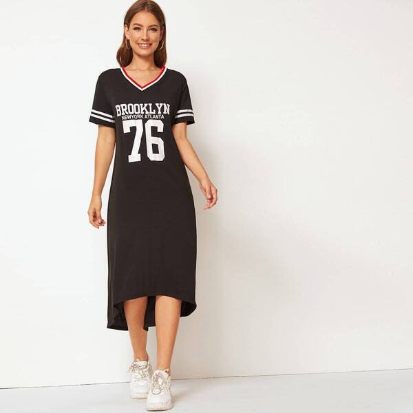 

Striped Neck Varsity Print Dip Hem Dress, Black