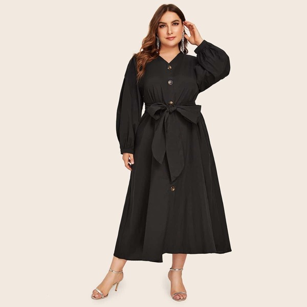 

Plus Solid Button Front Belted Dress, Black