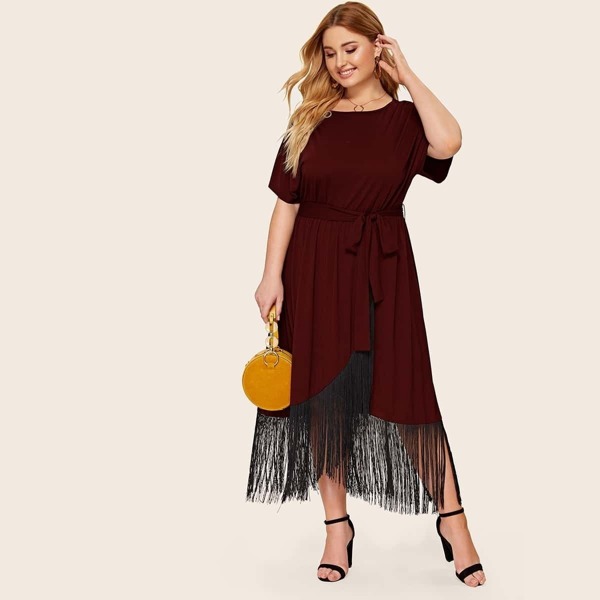 

Plus Self Belted Contrast Fringe Hem Dress, Burgundy
