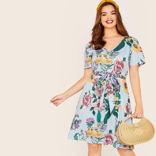 

Plus Striped & Floral Print Belted Dress