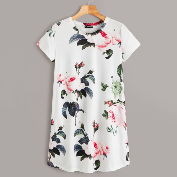 

Floral Print Short Sleeve Mini Dress, White